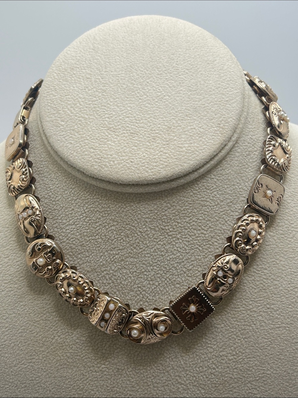 Antique Panel Book Chain Gold-Tone Pearl Accent Link Necklace - Women Jewelry